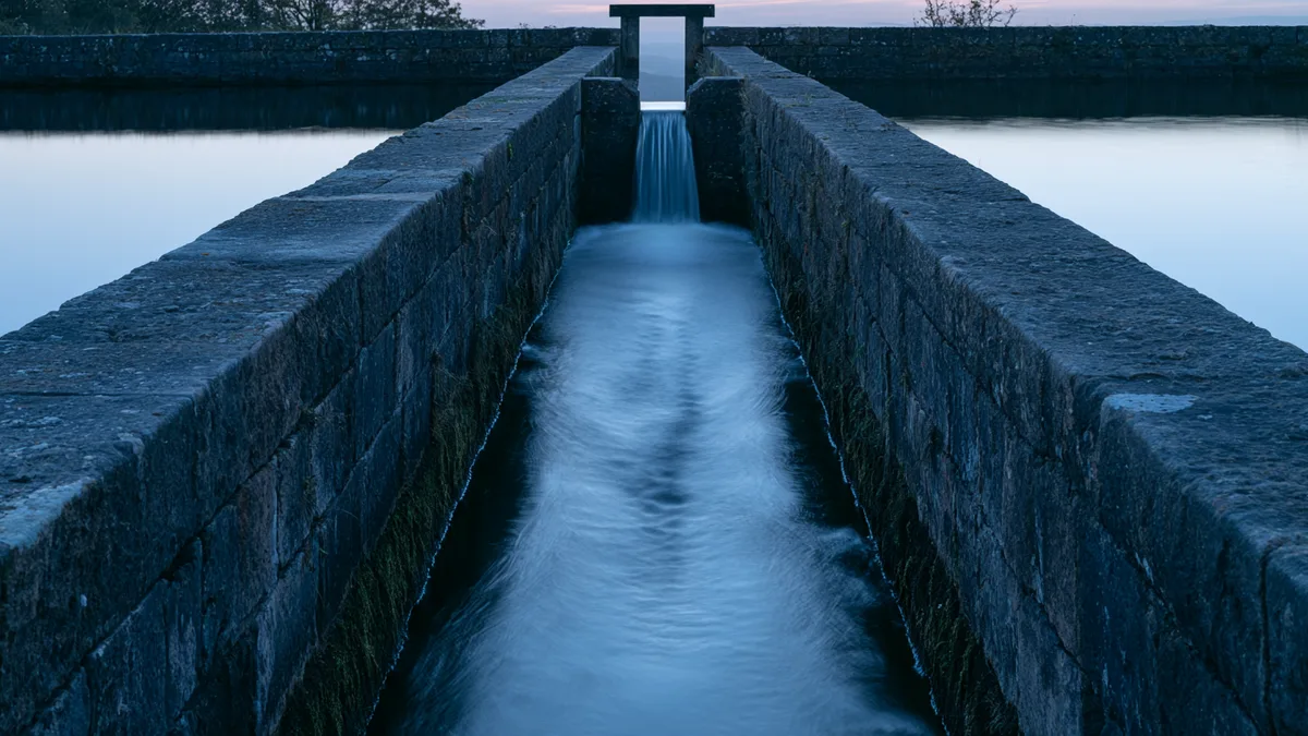Symbolbild: Wasser fließt in der Abenddämmerung durch ein schmales Tor in eine steinerne Rinne – nur in eine Richtung