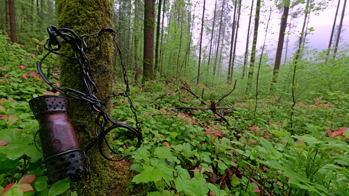 Symbolbild: rostige Falle an einer Kette, halb verborgen an einem Baumstamm im dichten Waldgrün